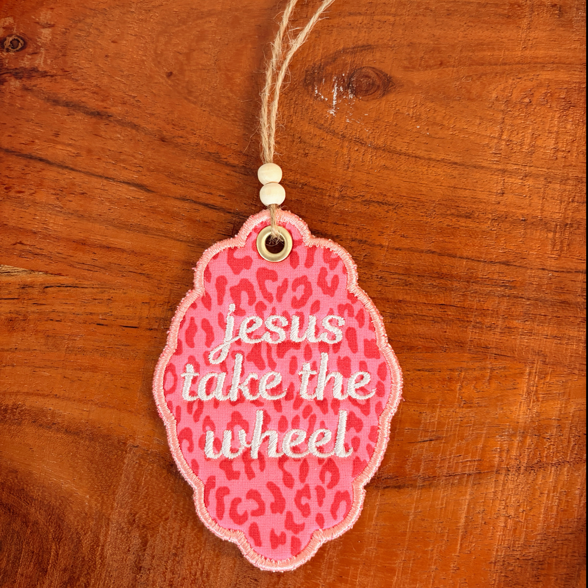 Pink Leopard Embroidered Rearview Mirror Charm