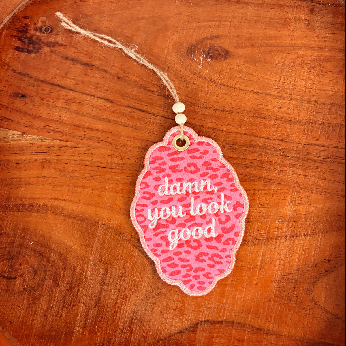Pink Leopard Embroidered Rearview Mirror Charm
