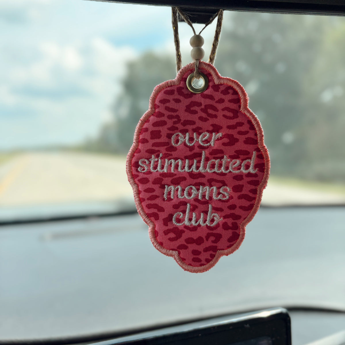 Pink Leopard Embroidered Rearview Mirror Charm